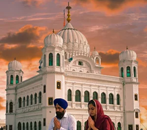 Sikh pilgrims praying in front of Gurdwara Darbar Sahib Kartarpur representing a 3-Day Kartarpur Pilgrimage Tour
