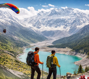Two hikers with backpacks overlooking a turquoise alpine lake and snow-covered mountains during a 10-Day Northern Pakistan Adventure Tour