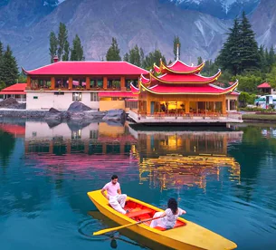 Boating on Lower Kachura Lake at Shangrila Resort during a Skardu Valley tour package