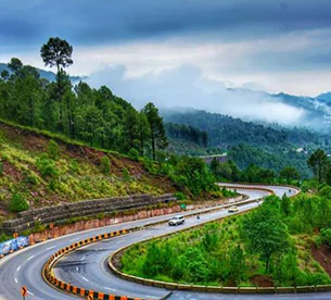 Winding mountain road surrounded by pine forests in Murree Hills travel package