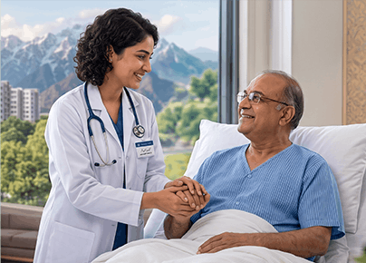 Female doctor in a lab coat checking on an elderly patient in a luxury recovery room with a mountain view in Islamabad